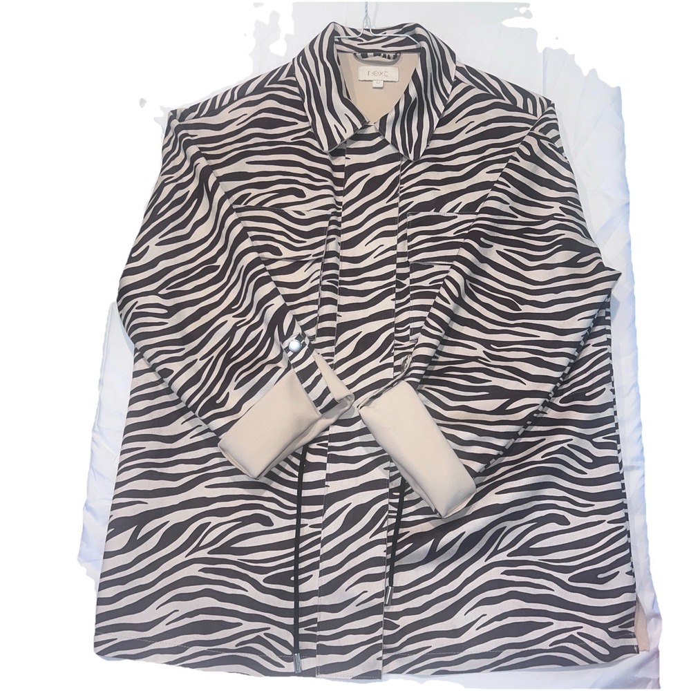 NEXT Women's Zip With Snap & Drawstring Jacket Size 12 Ivory Black Zebra Print